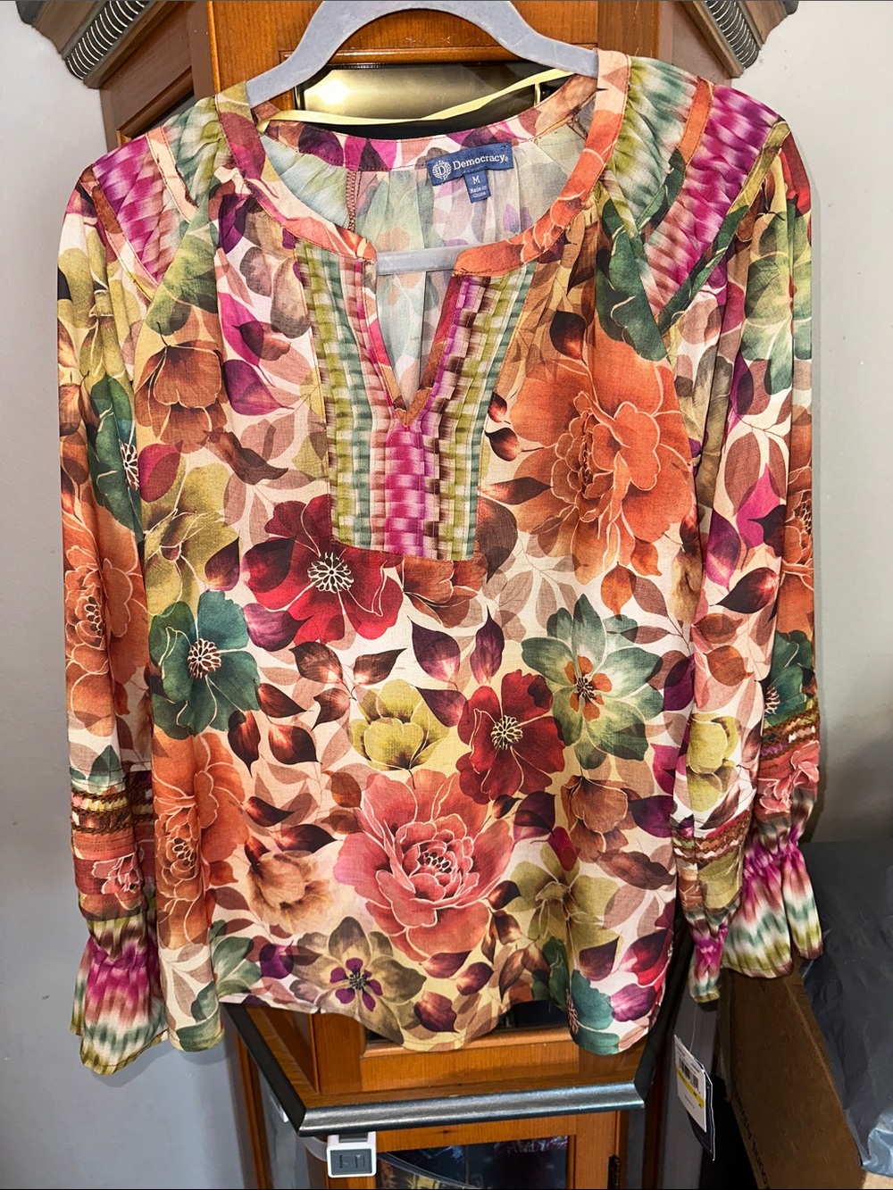 Democracy Floral Split-Neck Long-Sleeve Blouse in Pink, Orange & Green